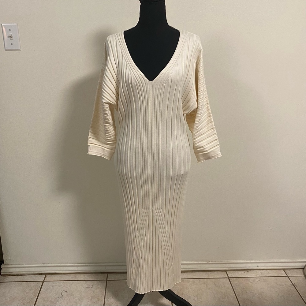 Maeve by Anthropologie Maris MIDI Stretch Ribbed Sweater Dress Ivory Size Med